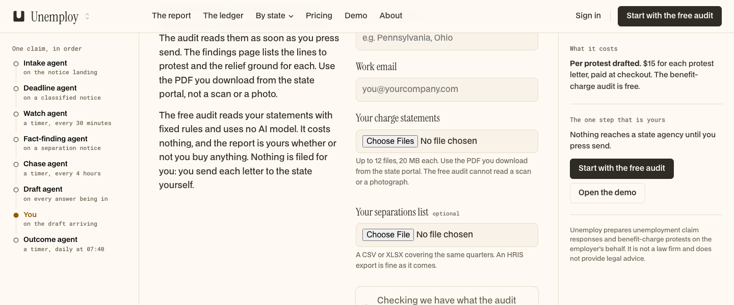 Unemploy, Start with the free audit: Your charge statements Up to 12 files, 20 MB each. Use the PDF you download from the state portal. The free audit cannot
