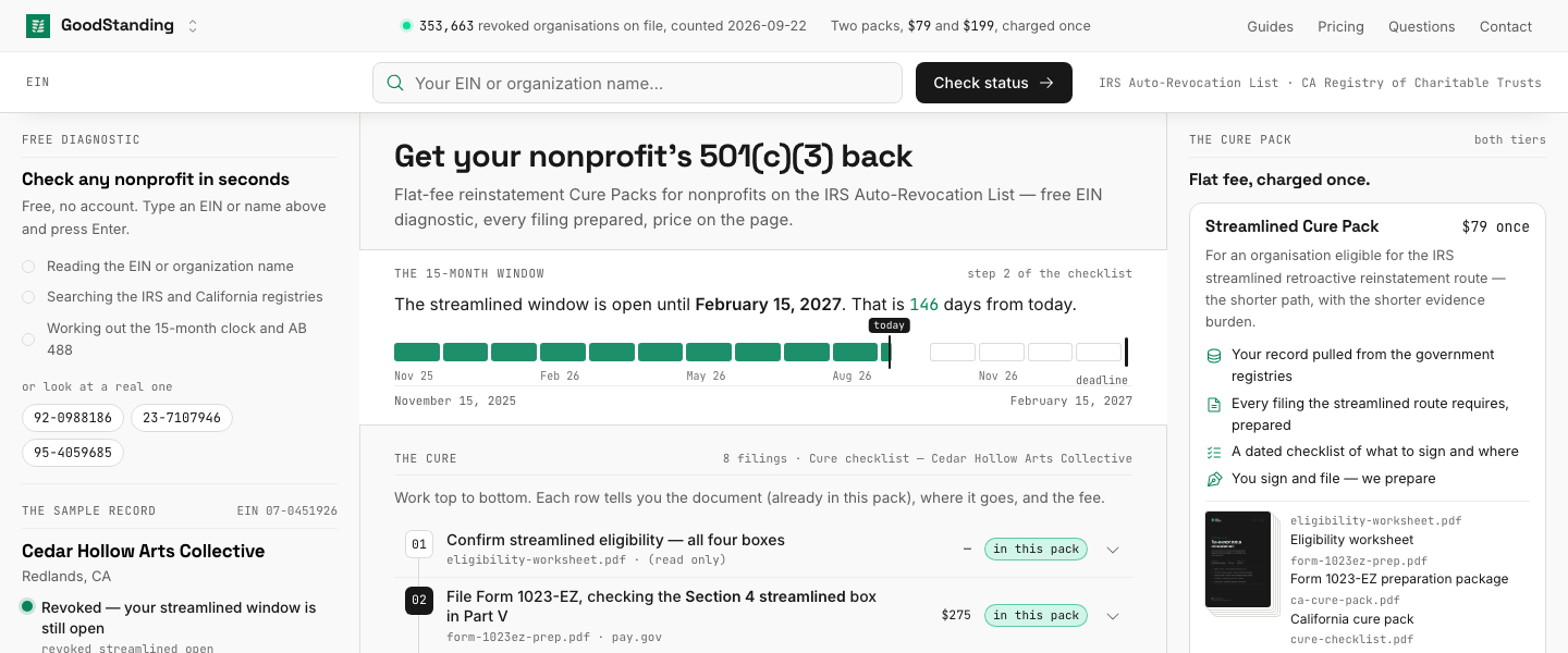 GoodStanding, The main console: Get your nonprofit's 501(c)(3) back Flat-fee reinstatement Cure Packs for nonprofits on the IRS Auto-Revocation List, f