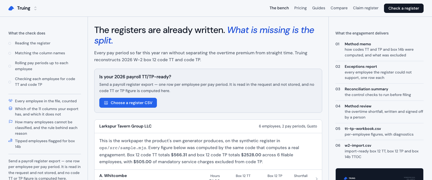 Truing, The main console: The registers are already written. What is missing is the split. Every pay period so far this year ran without separatin